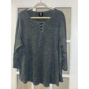 Bobeau 1X Gray Lace-Up Neck Knit Top Soft Stretch 3/4 Sleeve Plus Size Women